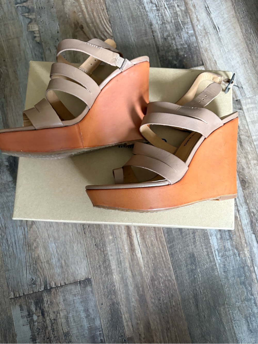 Lucky Brand Tan and Orange Wedge Sandals